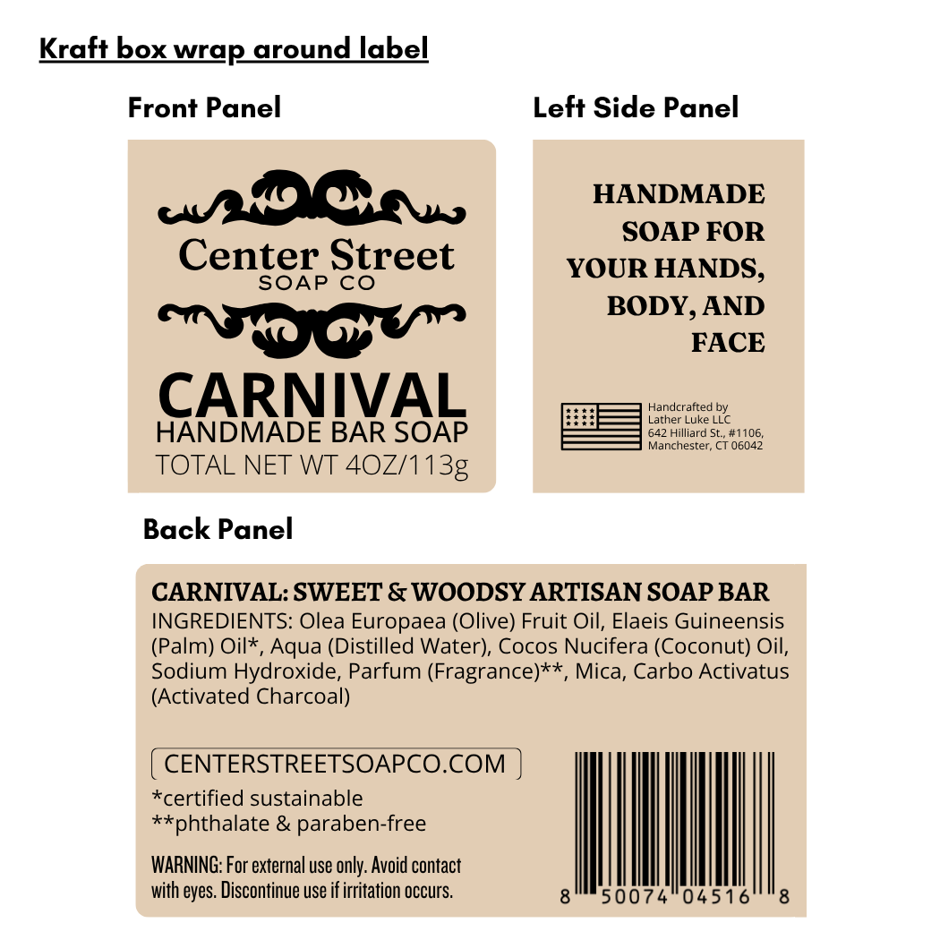 Wrap label for Center Street Soap Co Carnival handmade soap bar with branding and product details.