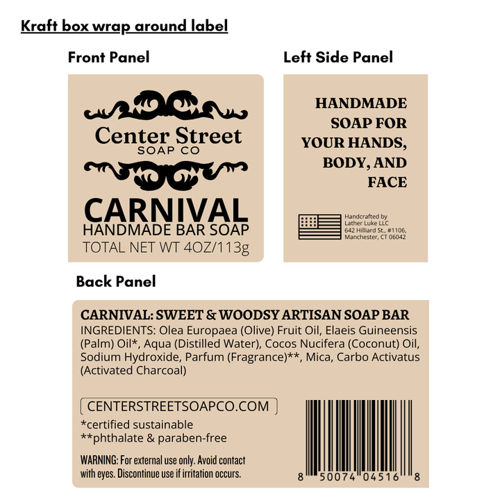 Wrap label for Center Street Soap Co Carnival handmade soap bar with branding and product details.