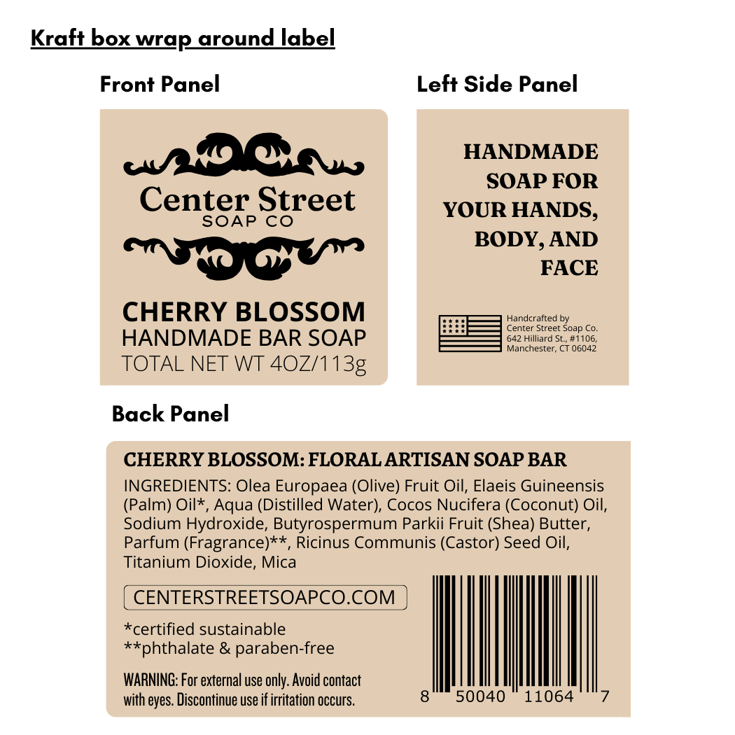 Kraft box wrap label for Cherry Blossom handmade soap from Center Street Soap Co.