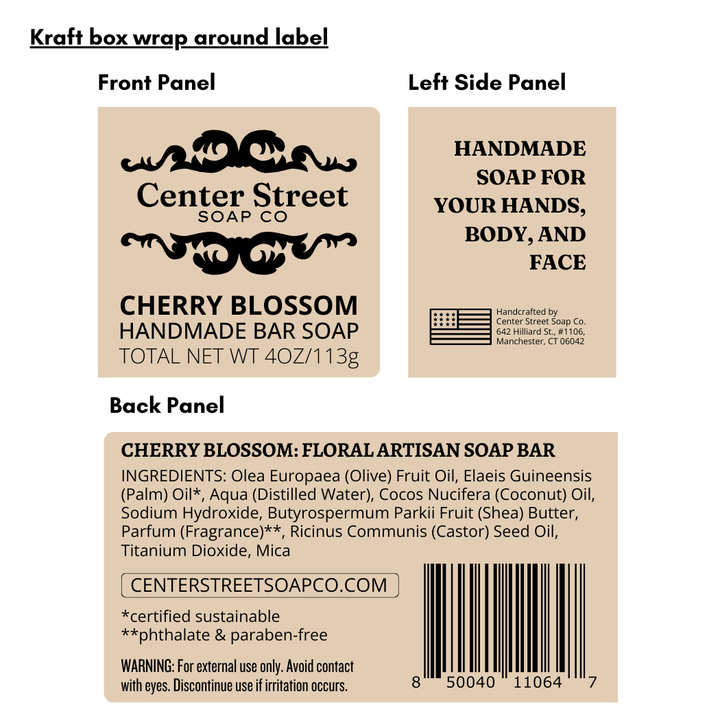 Kraft box wrap label for Cherry Blossom handmade soap from Center Street Soap Co.