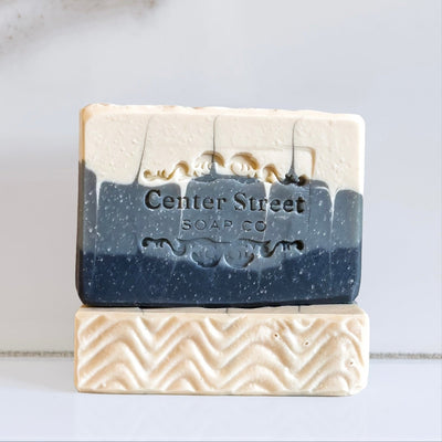 Handcrafted 'Perfect Man' soap bar with white, gray, and black swirls