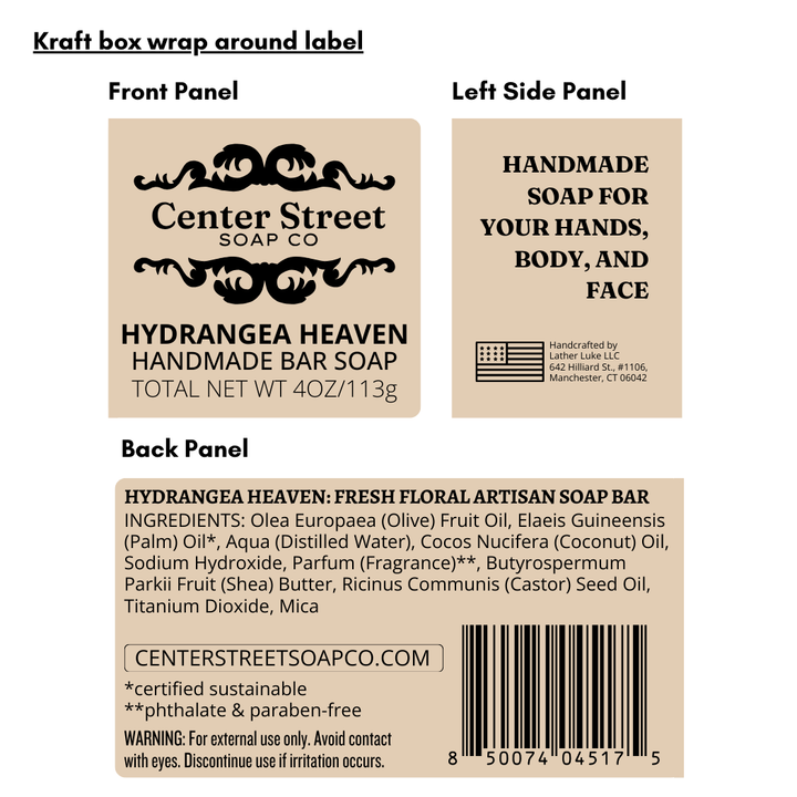 Kraft box wrap label for Hydrangea Heaven Handmade Bar Soap by Center Street Soap Co.