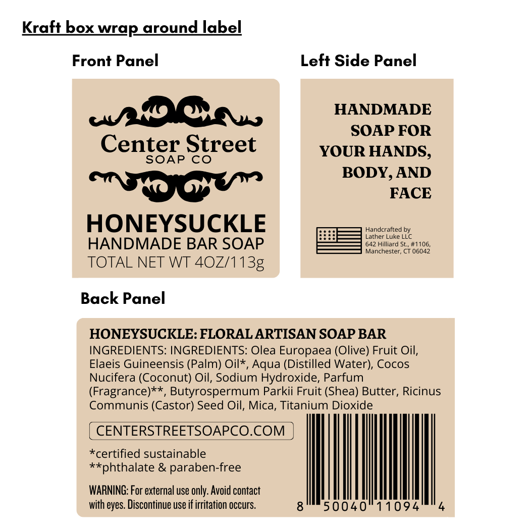 Kraft label wrap for Center Street Soap Co Honeysuckle handmade soap bar.
