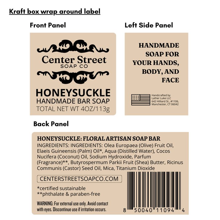 Kraft label wrap for Center Street Soap Co Honeysuckle handmade soap bar.