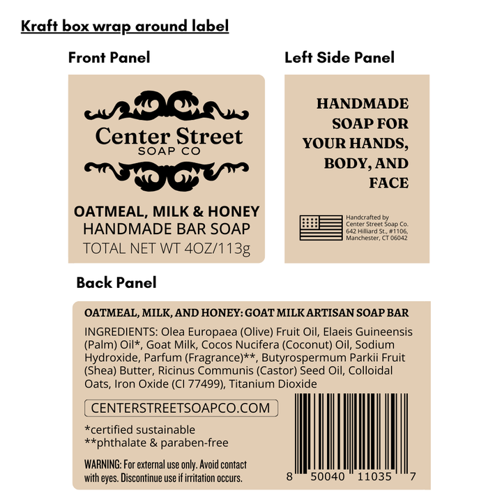 Kraft box wrap label for Center Street Soap Co. oatmeal, milk, and honey handmade soap bar.
