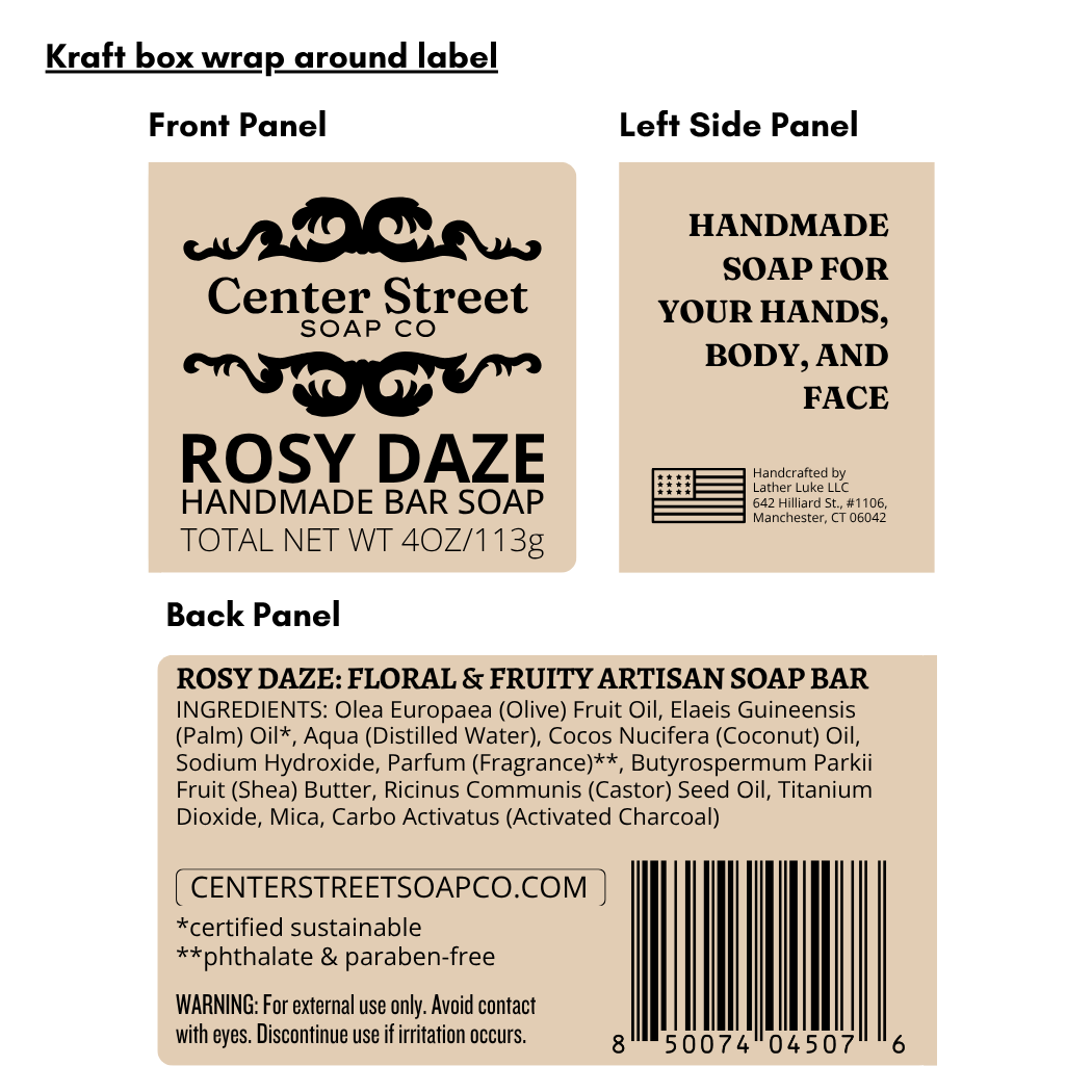 Rosy Daze Handmade Soap Bar for Valentine's Day, Center Street Soap Co. Label with UPC