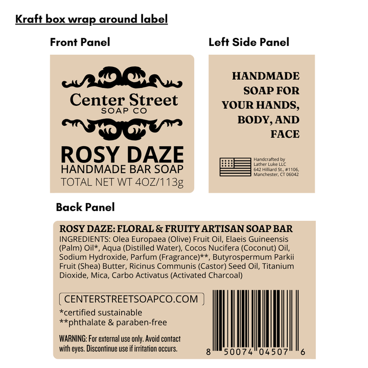 Rosy Daze Handmade Soap Bar for Valentine's Day, Center Street Soap Co. Label with UPC