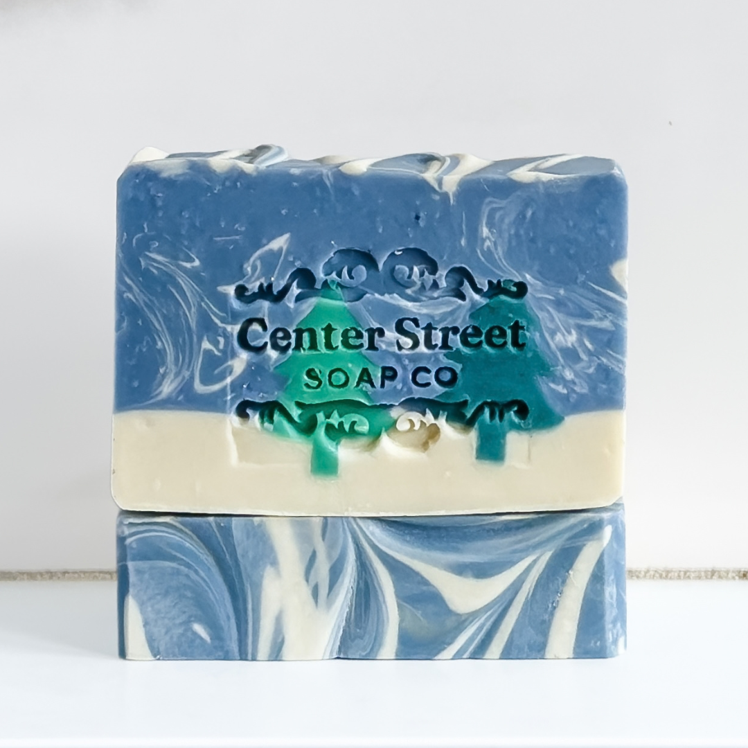 Two stacked rectangular bars of handmade soap with a blue, white, and green marbled pattern. The top bar features a printed logo that reads 'Center Street Soap Co' with a green tree graphic.